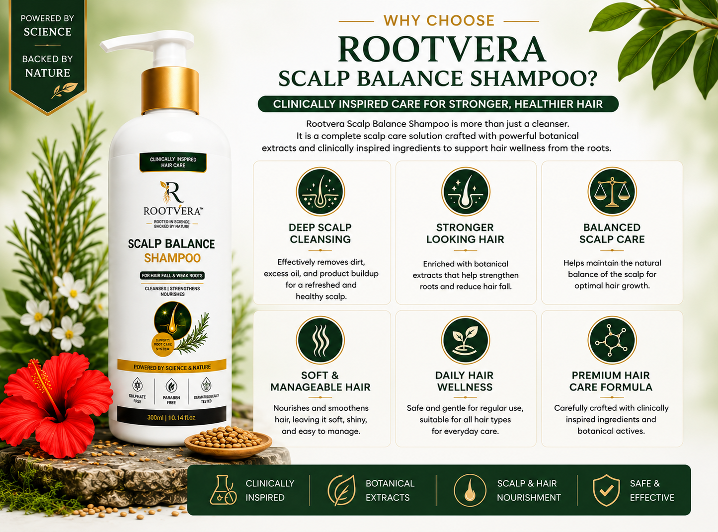 ROOTVERA SCALP BALANCE SHAMPOO for HAIR FALL & Weak Roots | Rosemary, Bhringraj, Fenugreek & Hibiscus Extract | Sulphate Free, Paraben Free Hair Strengthening Shampoo for Men & Women | 300ml