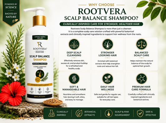 ROOTVERA SCALP BALANCE SHAMPOO for HAIR FALL & Weak Roots | Rosemary, Bhringraj, Fenugreek & Hibiscus Extract | Sulphate Free, Paraben Free Hair Strengthening Shampoo for Men & Women | 300ml