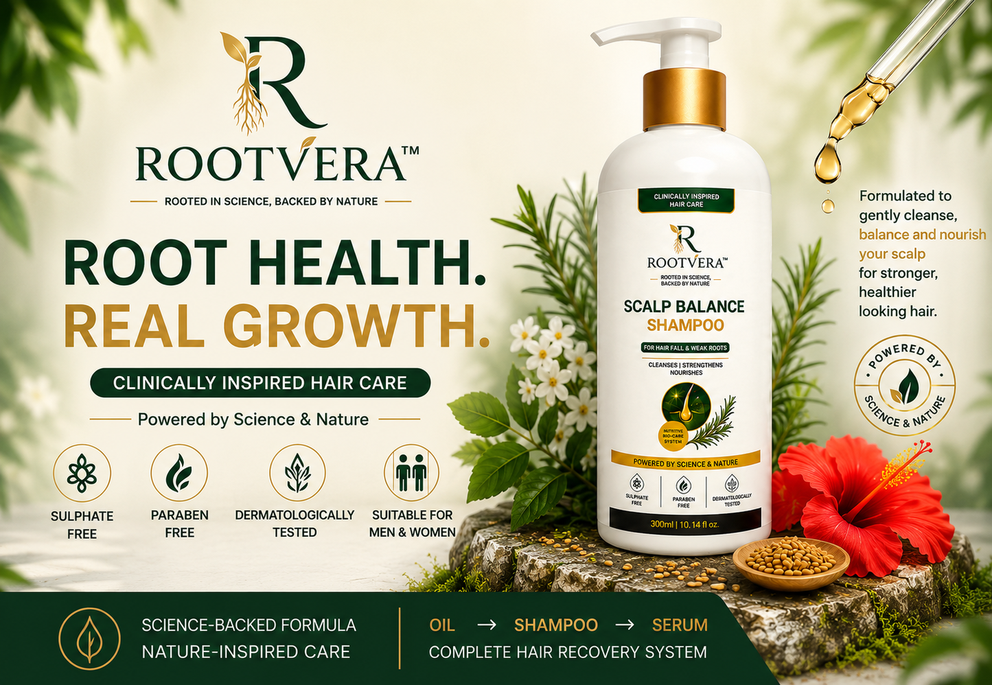 ROOTVERA SCALP BALANCE SHAMPOO for HAIR FALL & Weak Roots | Rosemary, Bhringraj, Fenugreek & Hibiscus Extract | Sulphate Free, Paraben Free Hair Strengthening Shampoo for Men & Women | 300ml
