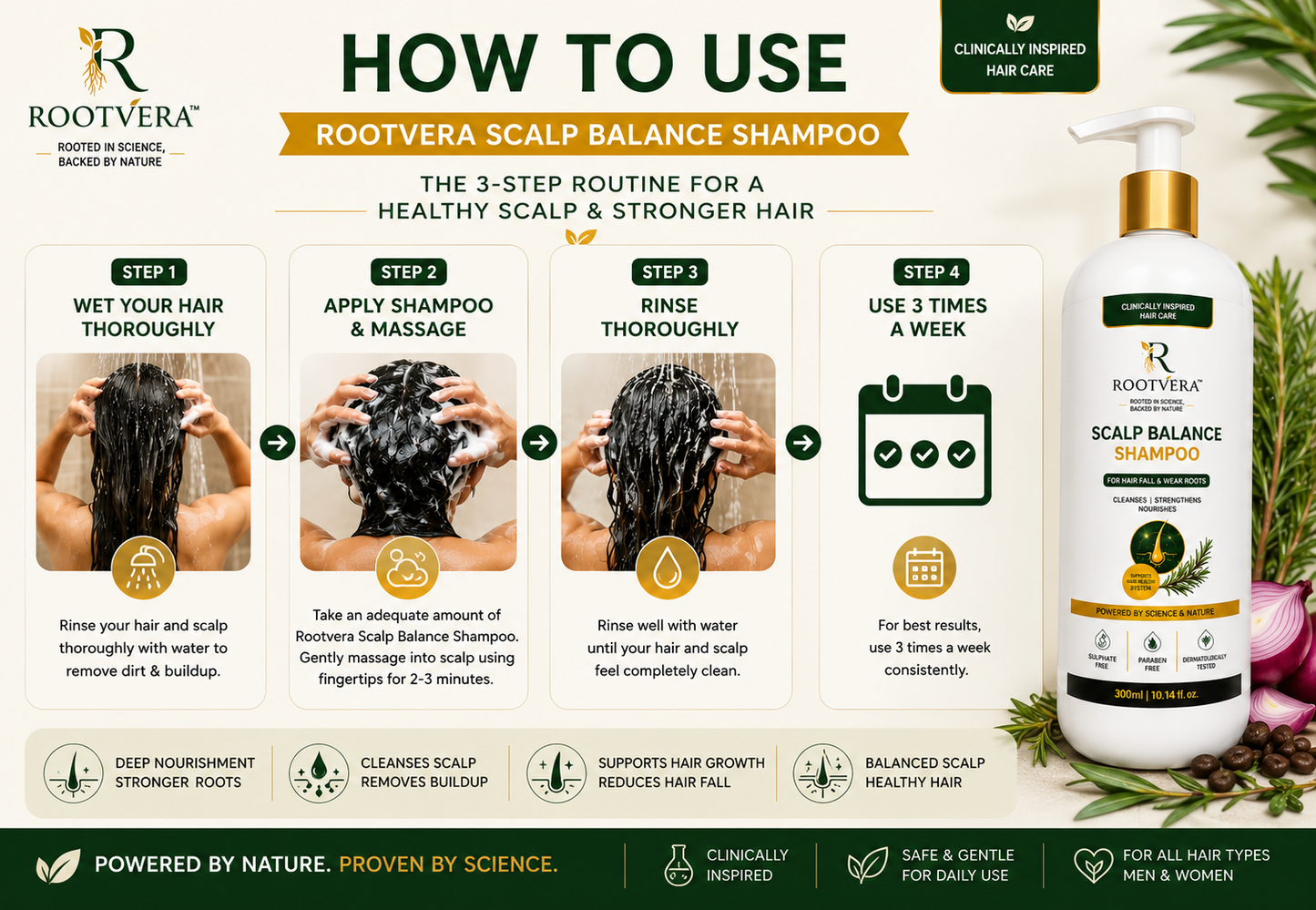 ROOTVERA SCALP BALANCE SHAMPOO for HAIR FALL & Weak Roots | Rosemary, Bhringraj, Fenugreek & Hibiscus Extract | Sulphate Free, Paraben Free Hair Strengthening Shampoo for Men & Women | 300ml