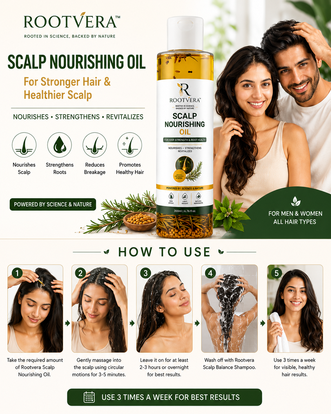 ROOTVERA HAIR REGROWTH ROSEMARY HAIR OIL | Root Strength & Scalp Care Formula | Hair Fall Control & Hair Strengthening Oil | Enriched with Rosemary, Bhringraj, Amla & Hibiscus | Supports Stronger, Thicker Looking Hair | Hair Oil for Men & Women | 200ml